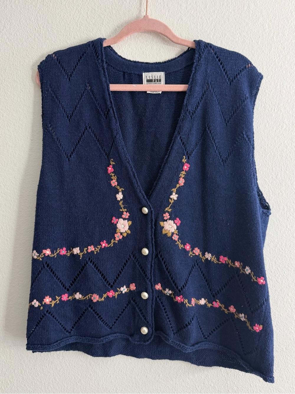 Vintage Leslie Fau Navy Knit Button Front Vest with Pink Floral Embroidery Large